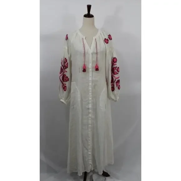 ELEVEN March 11 Sz XS Ivory Linen Pink Embroidered Belted Midi Dress - Picture 6 of 9